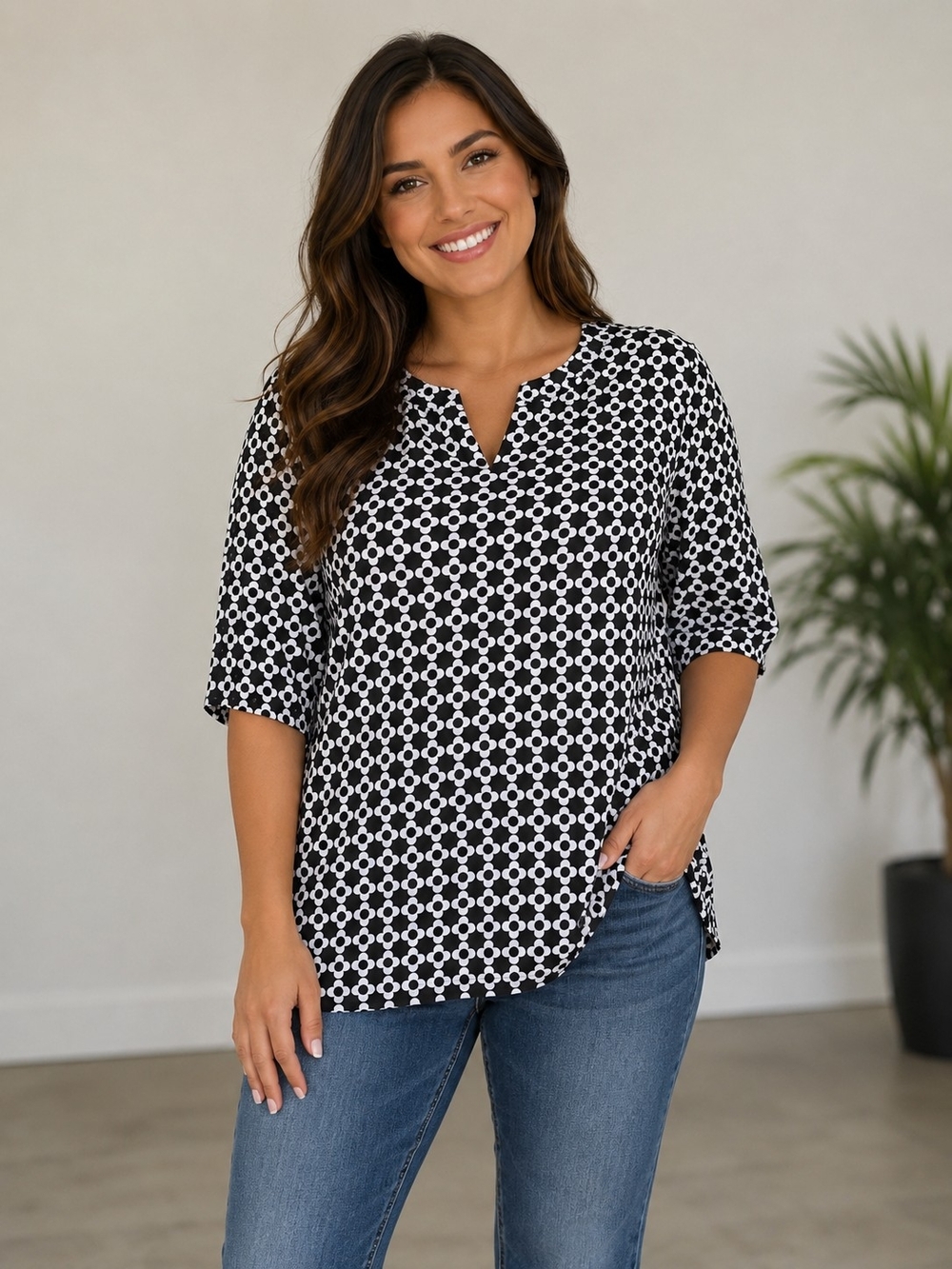 Croft & Barrow Women's Top Geometric Print Elbow Sleeve Split Neck Size XL NWT
